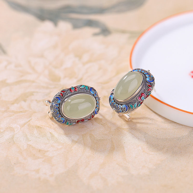 Khuyên tai bạc S925 đính đá ngọc tình thủy hình hoa sen phong cách vintage — Cặp đôi