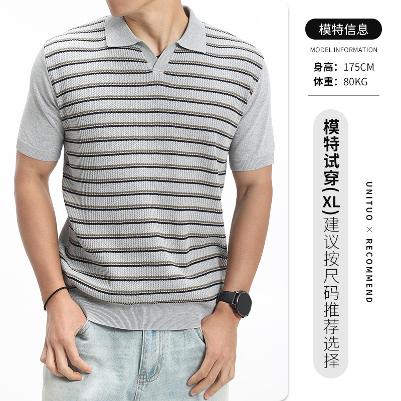 Nuevo lujo ligero viejo estilo de dinero para hombres a rayas de punto polo camisa de hombre con solapa de cuello en V de manga corta de alto nivel de ropa casual para hombres
