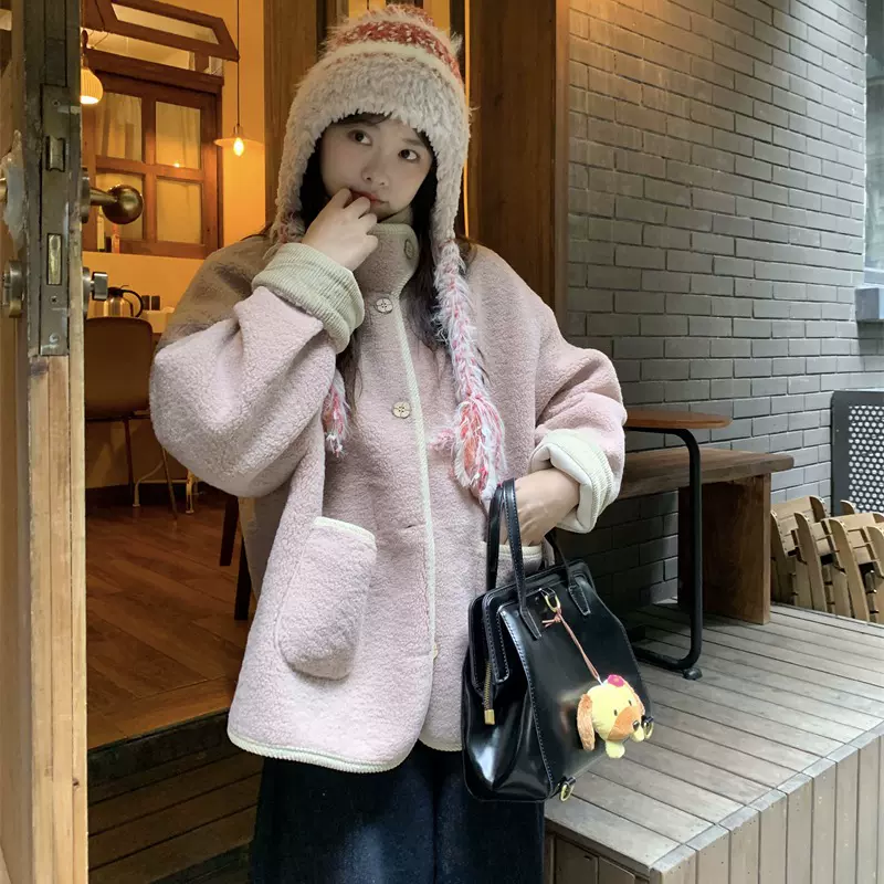 实拍2025女式日系韩系奶fufu皮毛一体羊羔毛厚外套女