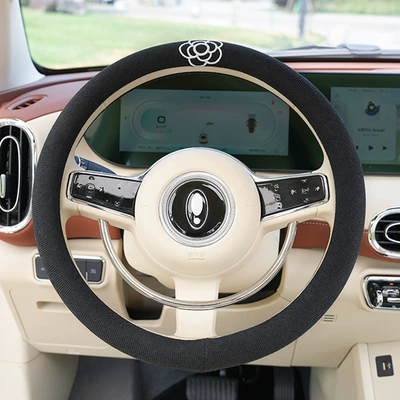 Non-slip Car Handle Cover Cute – Steering wheel cover - cotton-and-linen-embroidered-single-camellia-steering-wheel-cover-black-38cm