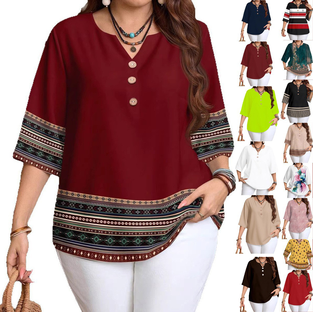 2026 Plus-Size Women's Clothing Cross-Border Amazon Spring, Summer, and Autumn Retro Pattern Front Button Casual Shirt