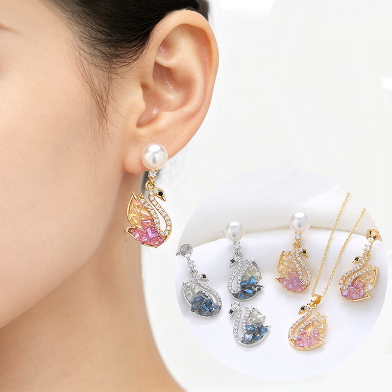 New Trendy Zircon Ice Crystal Cute Swan Earrings for Women, Summer Light Luxury High-End Exquisite Set Accessories