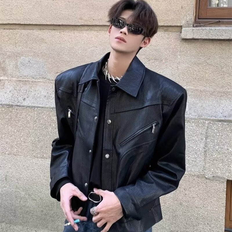垫肩皮衣外套男2025秋季新款美式痞帅翻领机车夹克翻领机车服上衣|undefined
