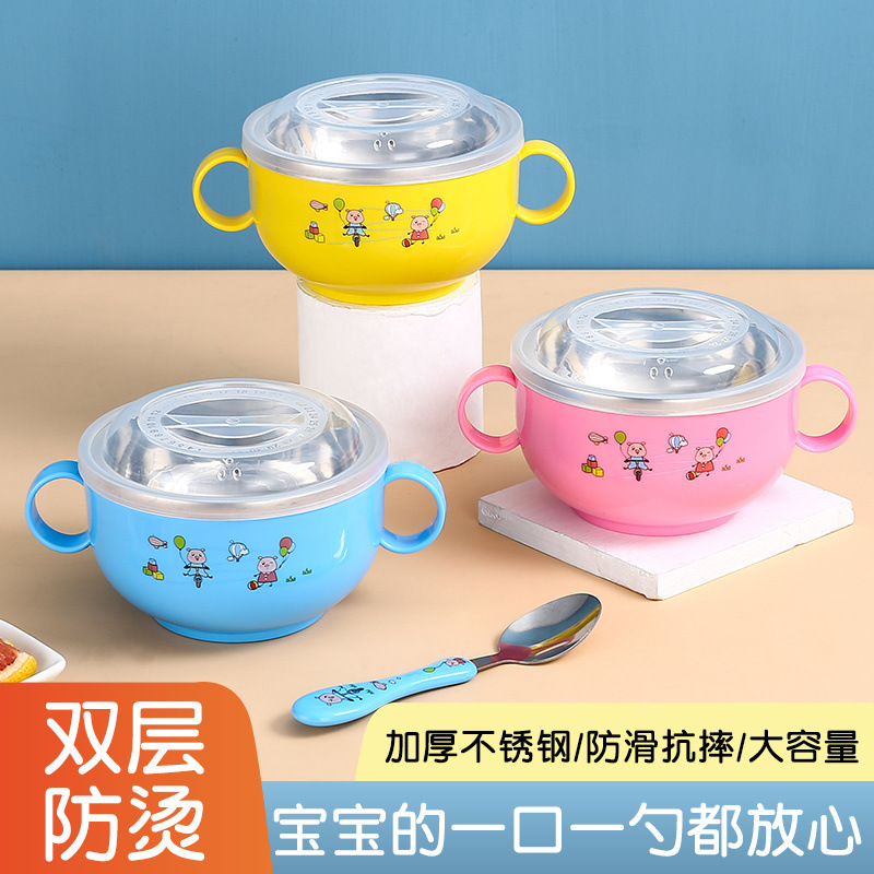 304 acero inoxidable para niños cuenco casero lindo anti-caída set de cubiertos para niños jardín de infantes cuenco con tapa