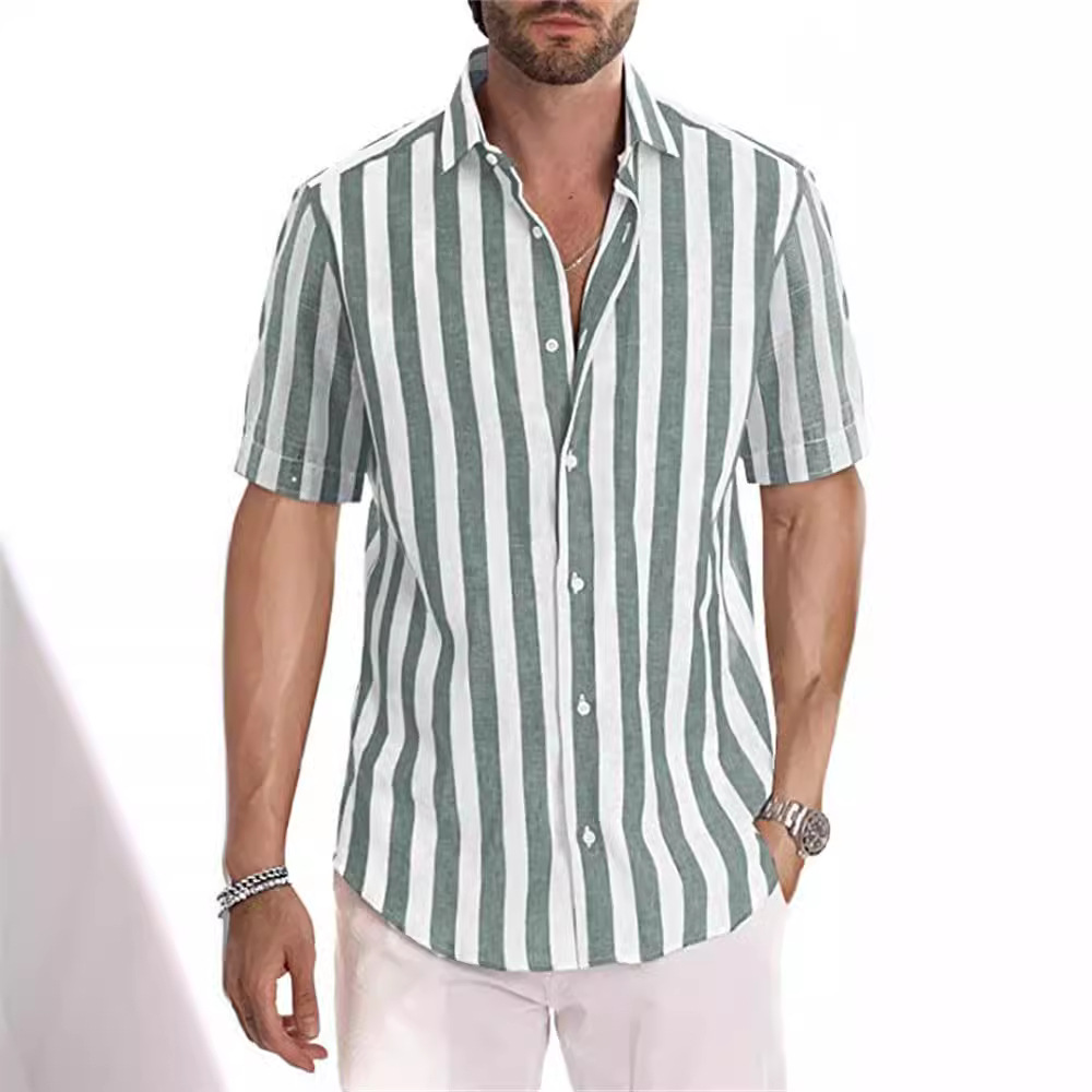 Amazon nuevos hombres de la moda de manga corta a rayas camisa de solapa de primavera y otoño camisa fuente de fábrica