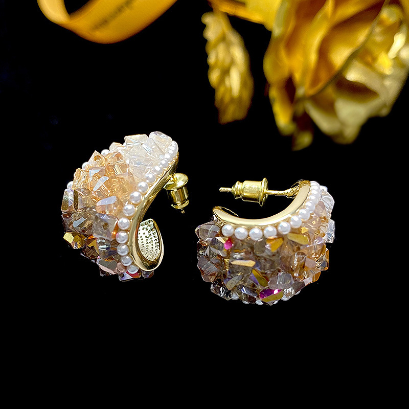 1 Pair Retro C Shape Inlay Alloy Artificial Crystal Artificial Pearls Ear Studs display picture 2