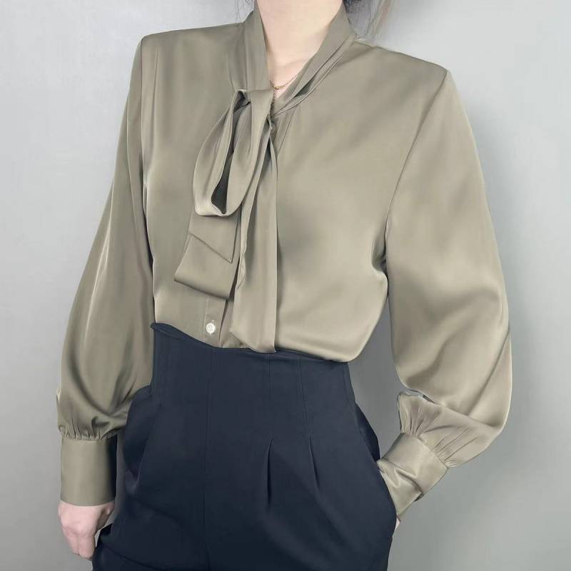 Brand Surplus Ice Silk Satin Shirt for Women, Summer Long-Sleeve Stylish Ribbon Design, Elegant Fashion Commuter Blouse