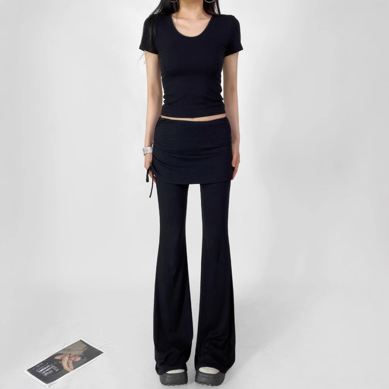 Trendy Short-Sleeve T-Shirt and Pants Set for Women, Summer, Regular Shoulder, U-Neck, Slim-Fit Top, Drawstring, Faux Two-Piece, Slightly Spicy Pants