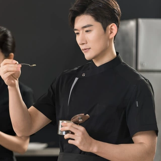 酒店厨师工作服短袖男西餐厅快餐厅饭店透气棉厨师服印LOGO