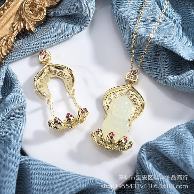 电商直播观音项链古法金镂空可镶嵌高冰天然玉髓玉石宝宝佛吊坠托
