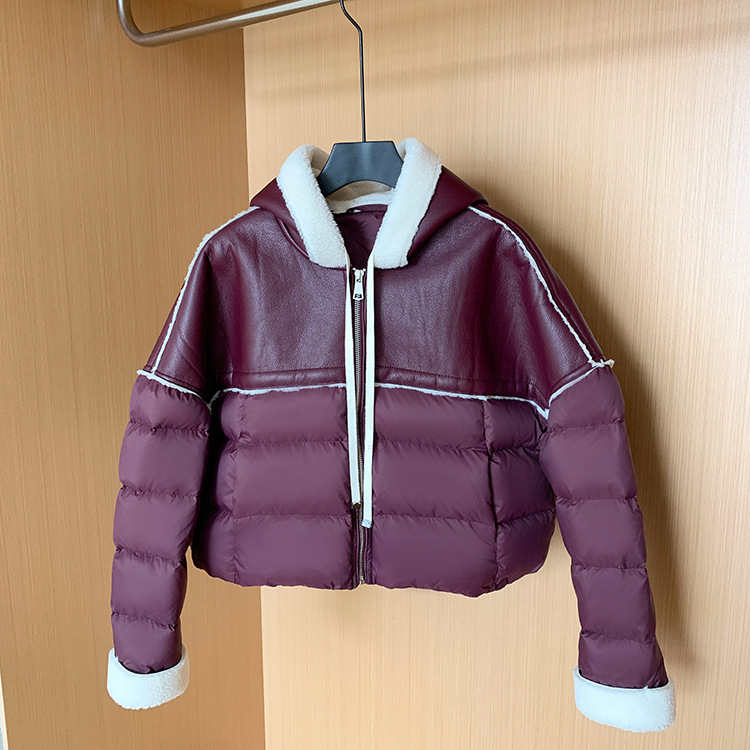 Giacca corta europea in piumino per donna stile corto cuciture colore a contrasto pelle PU leggera lusso alta qualità maglione largo 2024 nuovo inverno_voghion.com