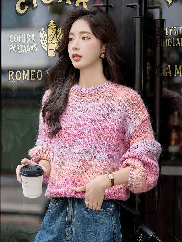软糯舒适毛衣女2025秋冬新款宽松圆领渐变色慵懒粗针织衫女ZQ5130|undefined