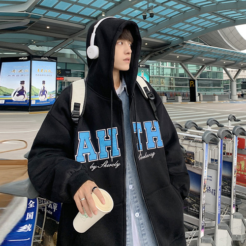 American-style hoodie jacket for men, autumn and winter version, trendy brand, loose, lined, winter hooded zipper cardigan garment