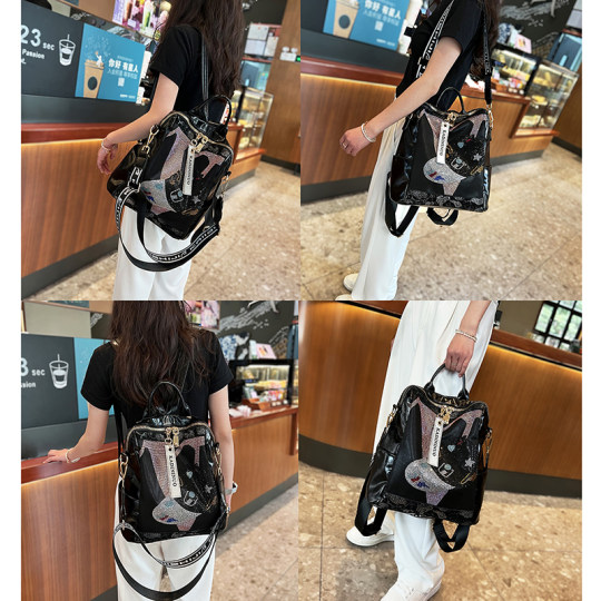Fashion Backpack Women's 2022 New All-match High-end Genuine Leather Backpack Large Capacity Casual Hot Rhinestone Shoulder Bag Trendy