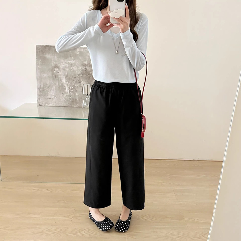 Japanese-Style Casual Pants for Women 2026 Spring/Summer New Twill Patchwork High-Waisted Versatile Slimming Wide-Leg Straight Cropped Pants