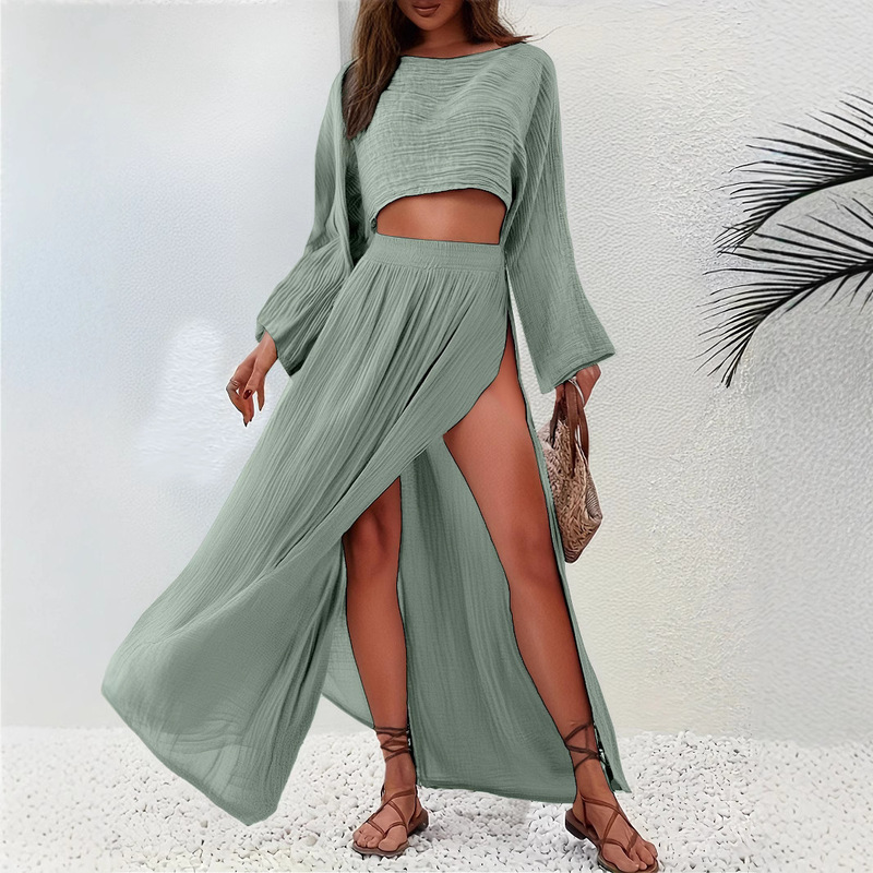 2026 Casual Vacation Linen Blend Short Top High-Waisted Chic Slit Cotton-Linen Casual Two-Piece Set