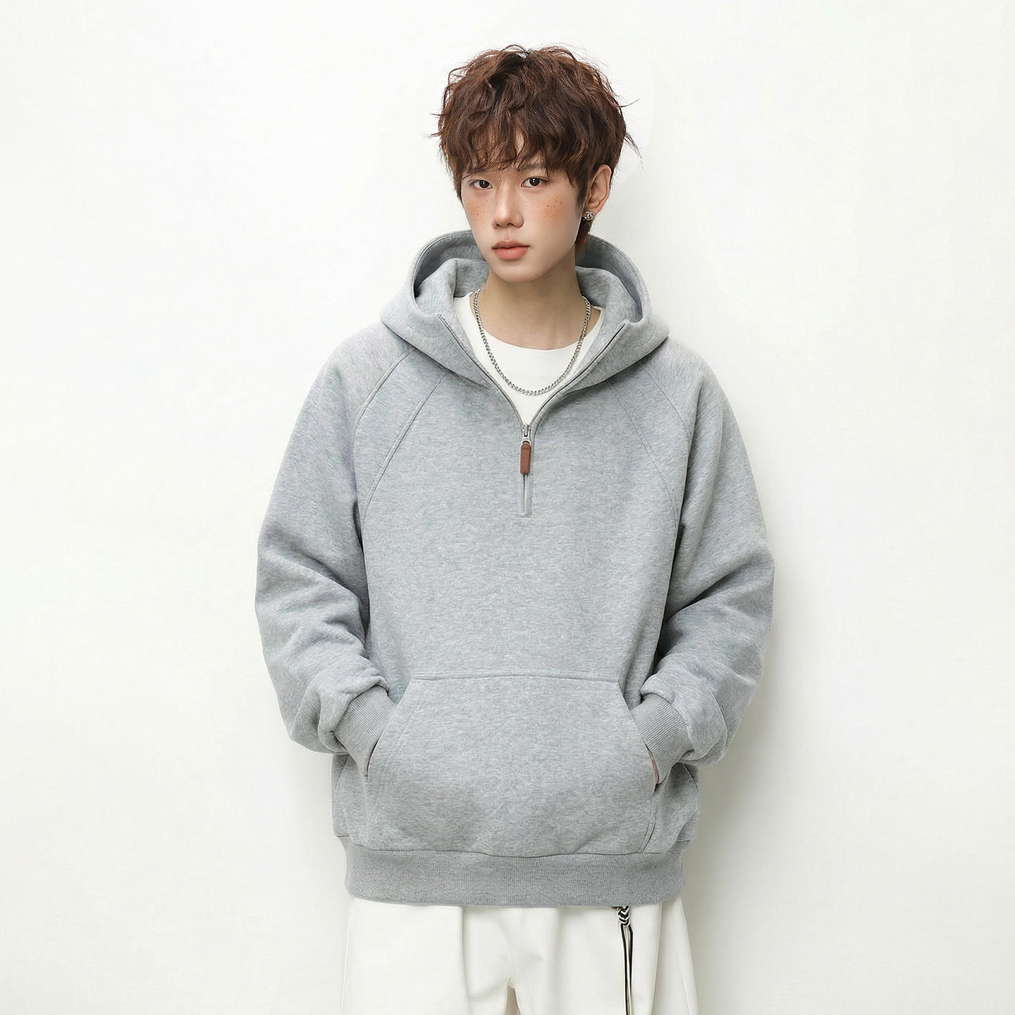 立体分割结构半拉链连帽卫衣男春季款半高领短宽廓形潮牌帽衫外套
