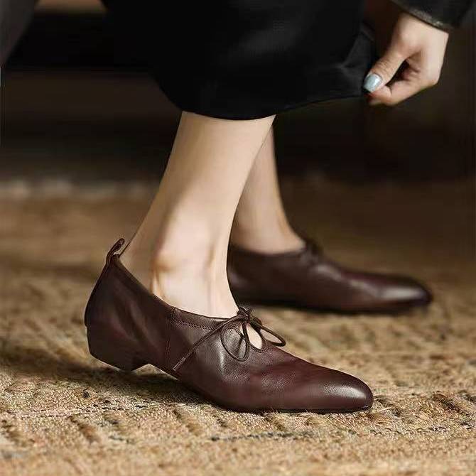 Versatile Retro Pointed-Toe Single Shoes, Lace-Up Leather Shoes for Commuting, Comfortable Chunky Low-Heeled Brown Women's Shoes for Commuting