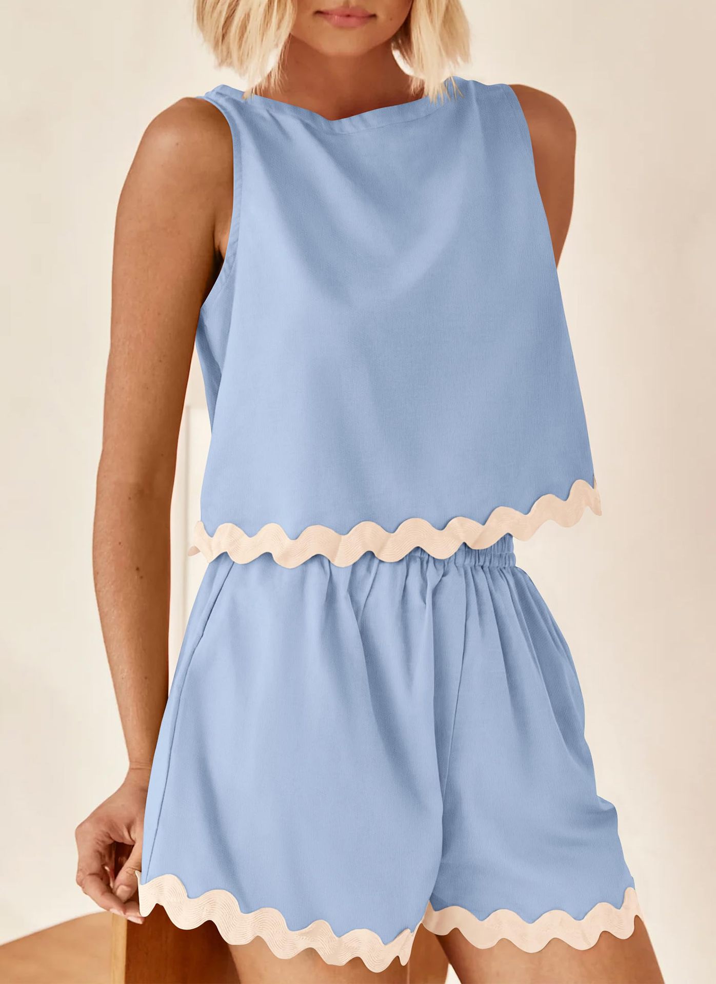 227g Weight Sleeveless Sleeve Length Linen, Lace Fabric Type Shorts Pants Type Shorts Co-ord Set Sets Type 2 Pieces Set Quantity Daily Occasion Round Neck Neckline Loose Fit Type Color Block, Waves Pattern Summer Season Women's Gender Casual Style Lace Craft Daily Women's Casual Color Block Waves Linen Lace Shorts Co-ord Set Shorts Shorts Sets 17