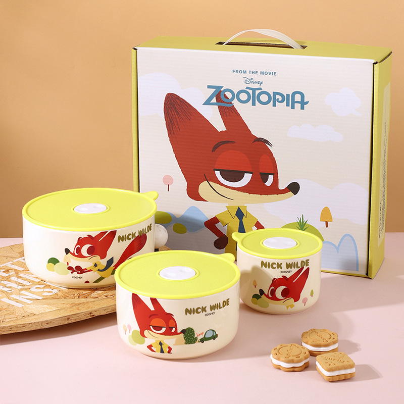 Zoo Mad City tazón de cerámica con caja de almuerzo, caja de almuerzo calentada por microondas, caja de almuerzo especial redonda con cubierta