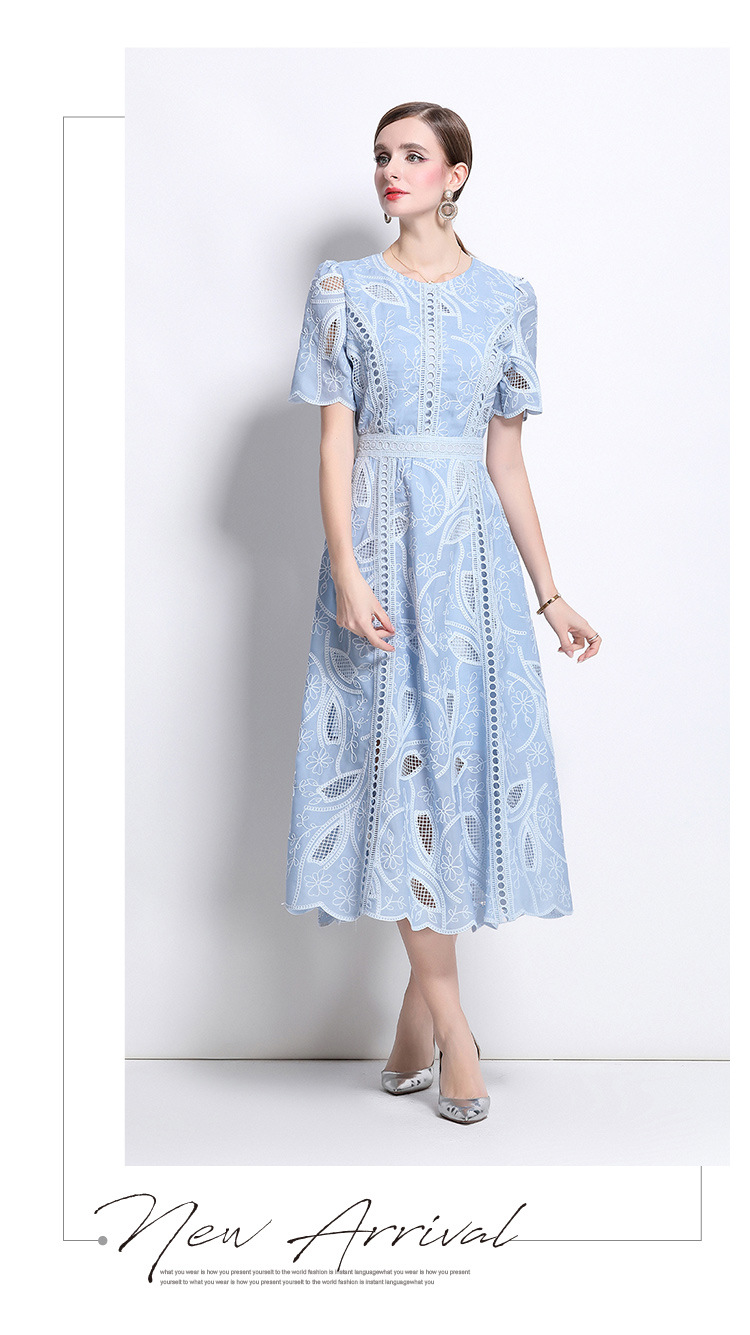 Đầm maxi nữ thắt eo cổ điển Pháp ren thêu họa tiết tay ngắn — màu đen, xanh nhạt, màu hồng, Xanh da trời nhạtcolor chi tiết 8
