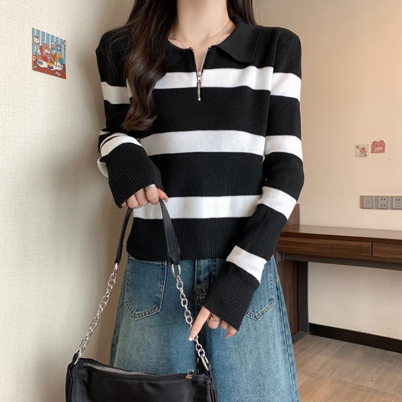 条纹针织衫上衣女2025新款秋翻领女士毛衣高知穿搭长袖打底衫|undefined