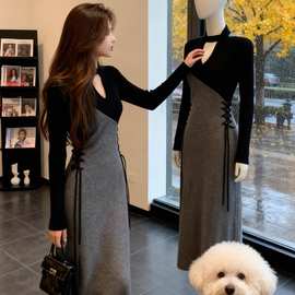 高级感拼接连衣裙女2025秋冬季新款收腰显瘦绑带轻熟风气质长裙子