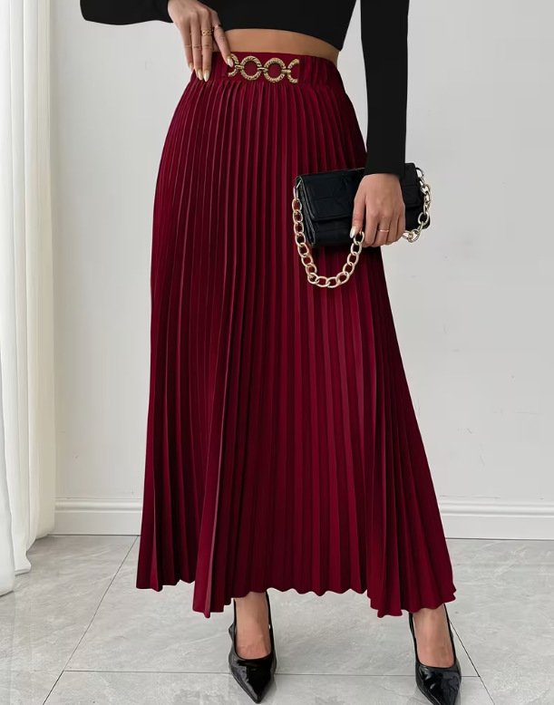 Vêtements pour femmes - Nouvelle jupe midi plissée polyvalente - Taille haute - Coupe trapèze_voghion.com