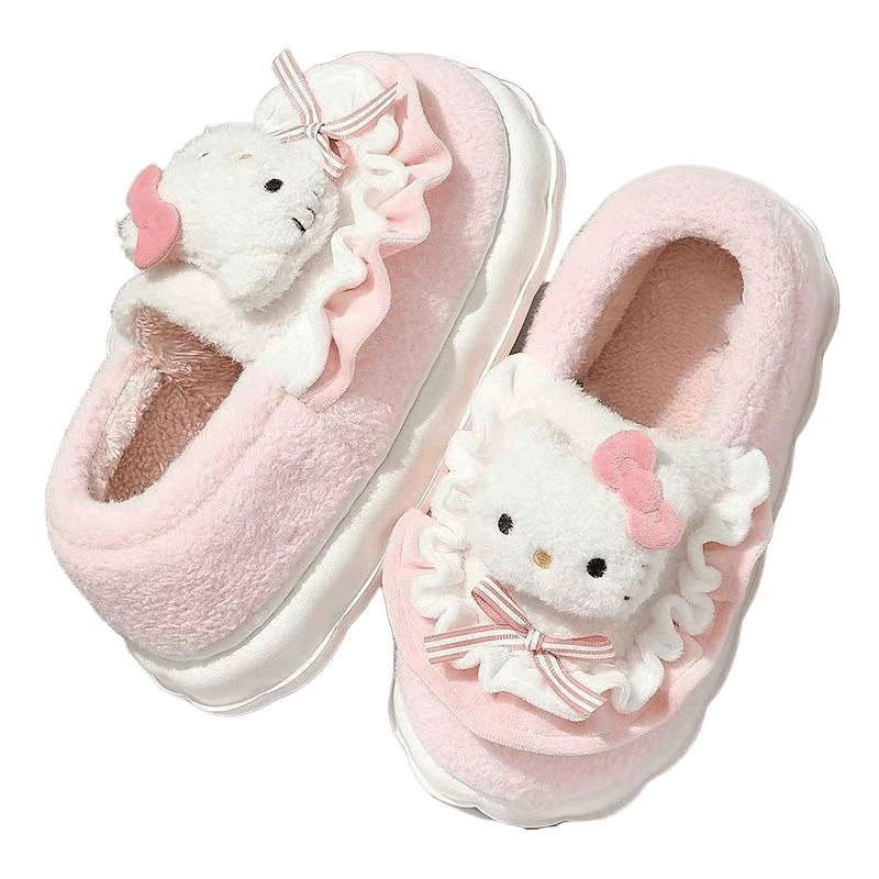 Hello Kitty, шлепанцы, зимние милые утепляющие нескользящие обувь на платформе, плюшевые