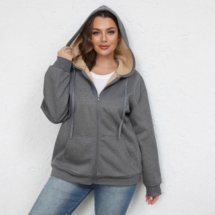Amazon Cross-Border European and American Foreign Trade Plus Size Women's Clothing in Stock Winter Popular Warm Plush Hooded Sweatshirt Jacket
