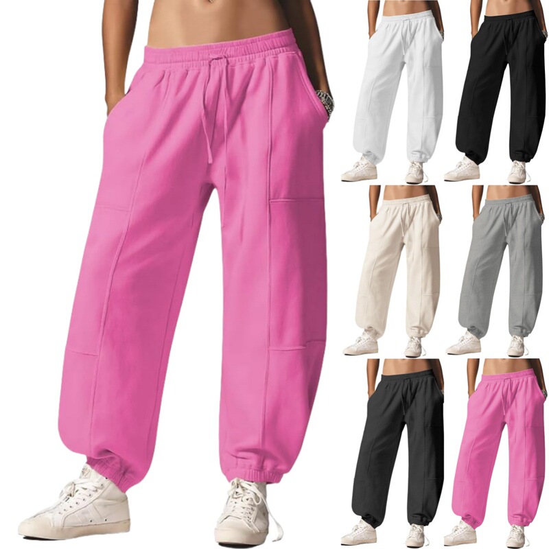 Cross-border European and American Amazon Women's Sports Pants Jogging Pants with Pocket Loose Tightening Bottom Mid-waist Exercise Leisure
