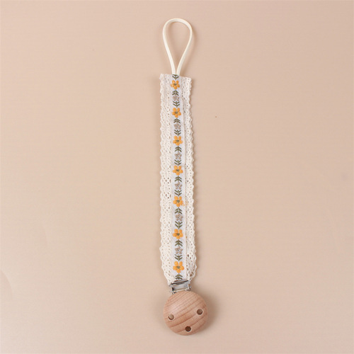 Ins infant embroidery pacifier chain baby teether small toy anti-drop lace beech wood pacifier clip hanger cord
