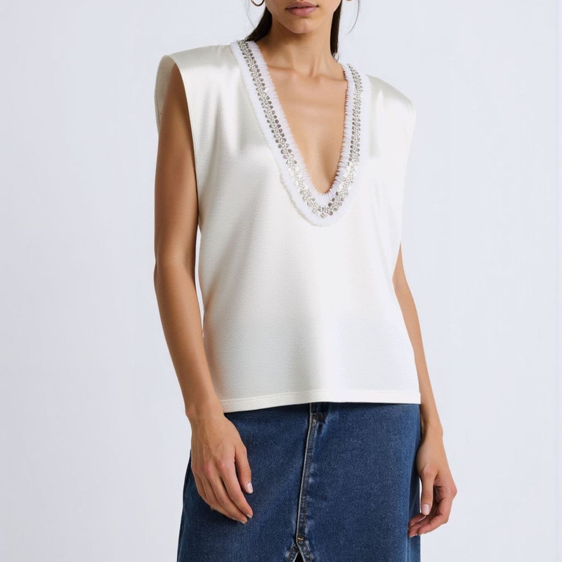 European and American Sexy V Neck Sequin Beaded T-Shirt Tops for Women Summer New Lace Loose Slimming Look Sleeveless Vest European and American Sexy V Neck Sequin Beaded T-Shirt Tops for Women Summer New Lace Loose Slimming Look Sleeveless Vest