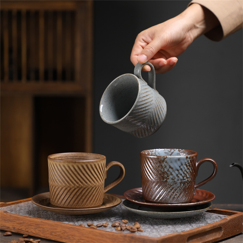 Wabi-Sabi Style Japanese And Saucer Set Embossed Top Quality Ceramic Creative Coffee Cup Afternoon Tea Latte Art Mug_voghion.com