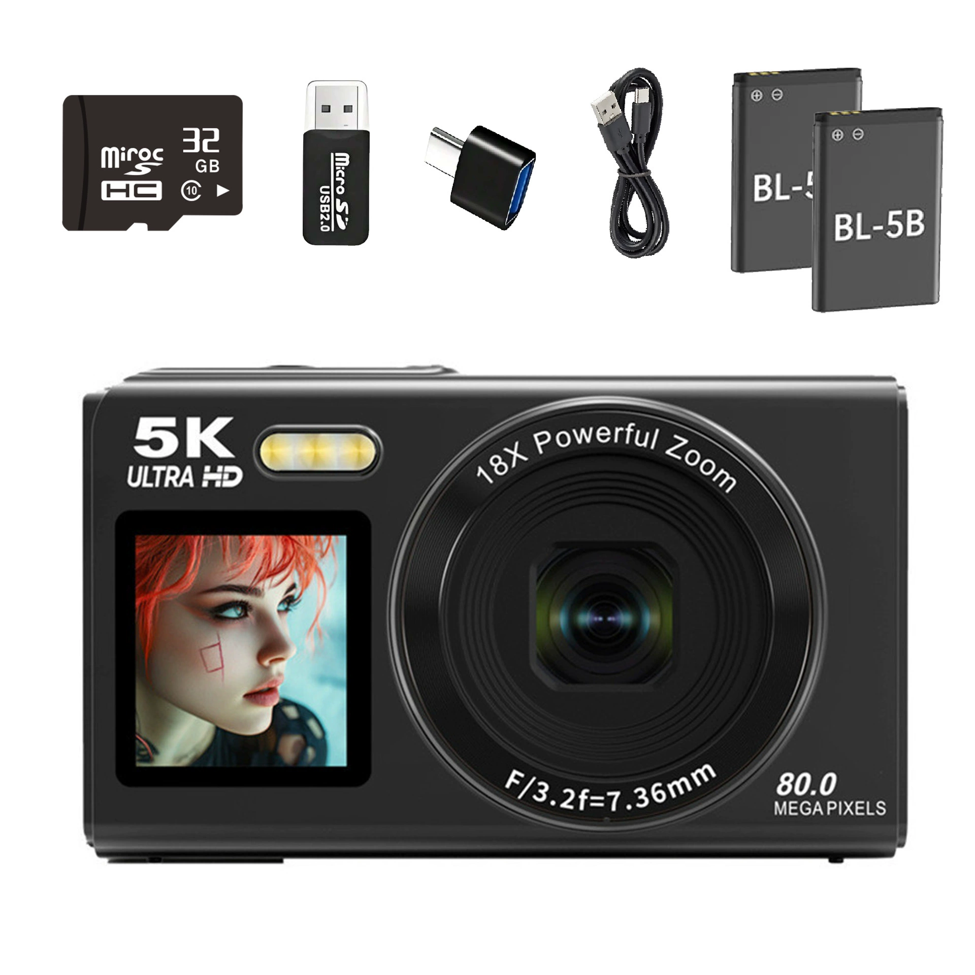 Цифровая камера ручная 5K Ultra HD, 18× зум, 80 Мп, компактная 21×15×10 см