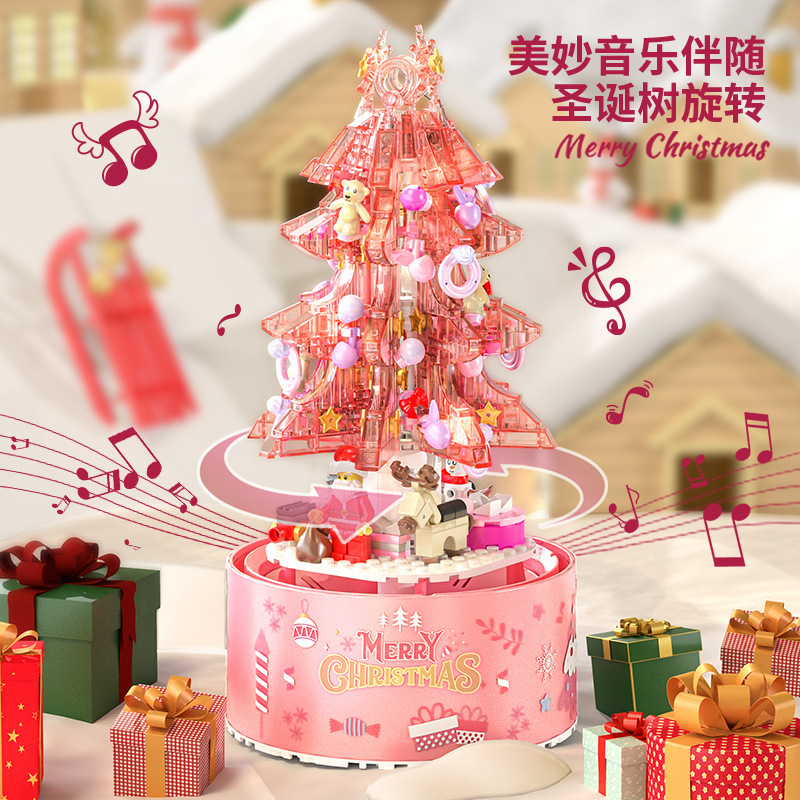 Compatible con la nieve flotante árbol de Navidad alta caja de música giratoria ensamblaje bloques de construcción juguetes para niños y niñas regalos de Navidad