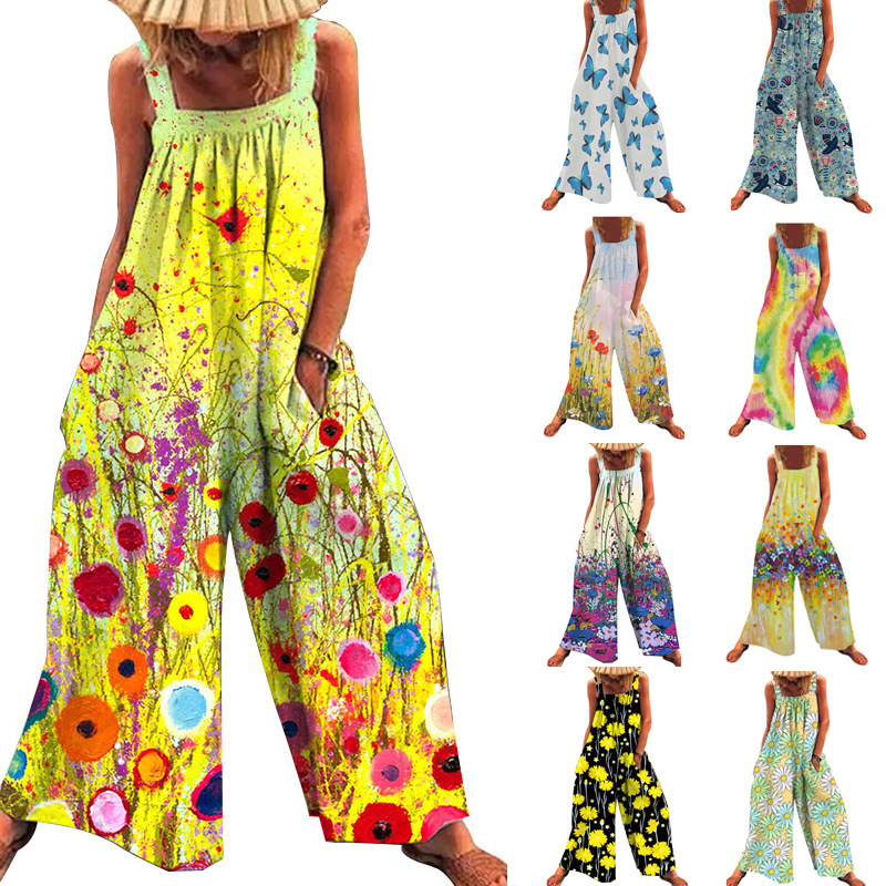 Amazon Cross-Border European and American Women's Clothing 2026 Summer New Large Size Foreign Trade Printed Loose Suspenders Wide-Leg Jumpsuit