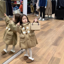 韩国童装男女童羊毛呢牛角扣连帽长款儿童保暖外套时尚大衣外贸