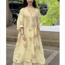 新中式斜襟棉麻印花连衣裙女秋季独特宽松设计感系带中长款裙子