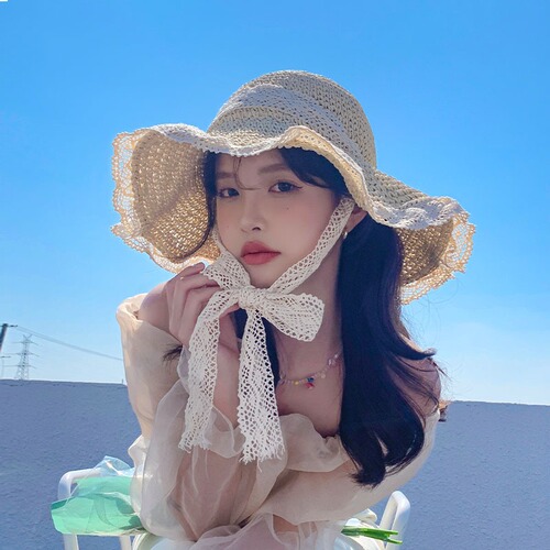 Straw Hat Women Summer Vacation Beach Sand Sun Hat Japanese Ins Style Lace Edge Wide Brim Makes Face Look Smaller