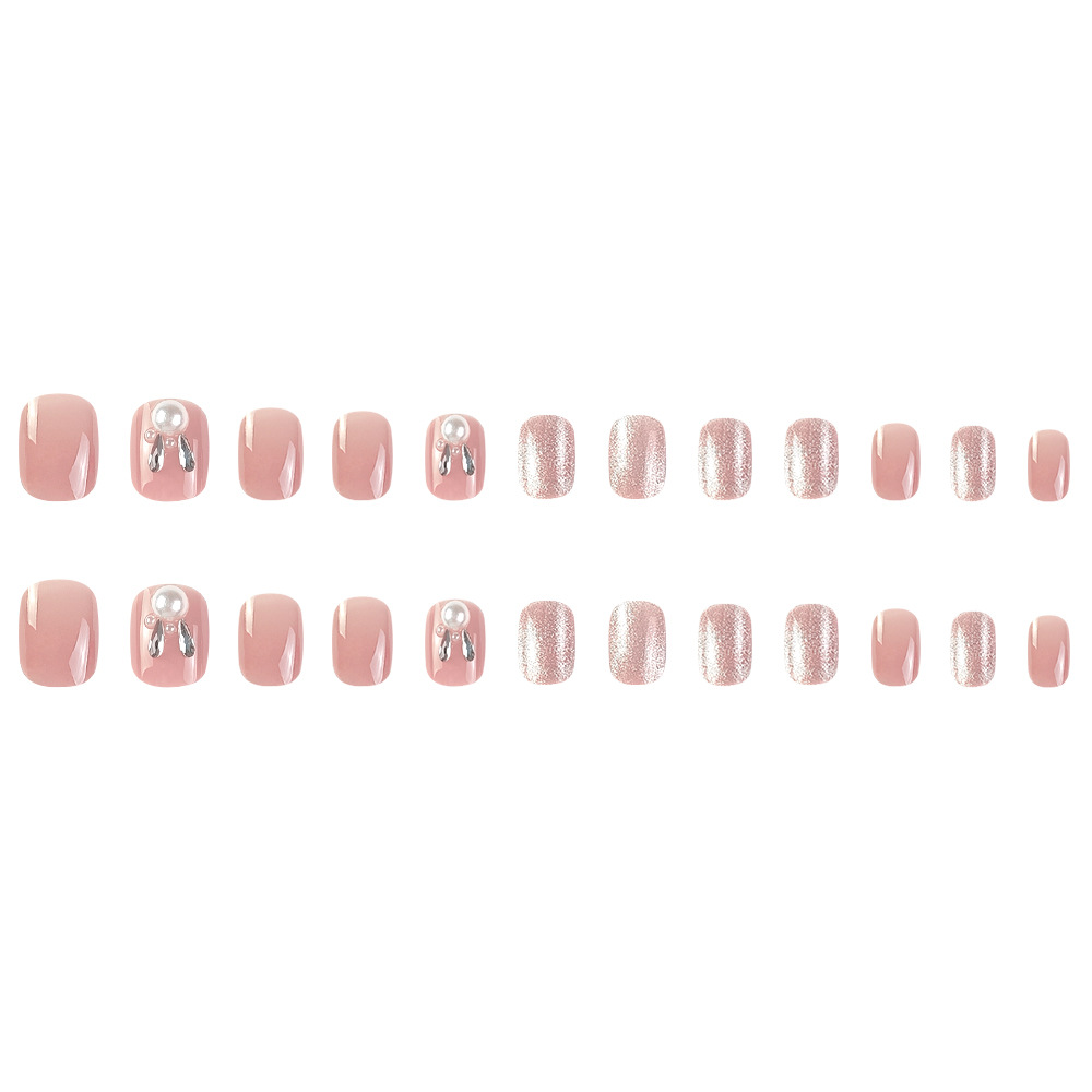 Ojos de gato brillantes de diamante estrella de conejo usando 24 piezas de uñas falsas cuadradas cortas, dulces y lindas piezas de uñas tridimensionales