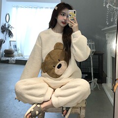 フランネルパジャマレディース冬珊瑚ベルベットラウンドネック格子長ズボンカジュアルスーツフワフワホームウェアクロスボーダー