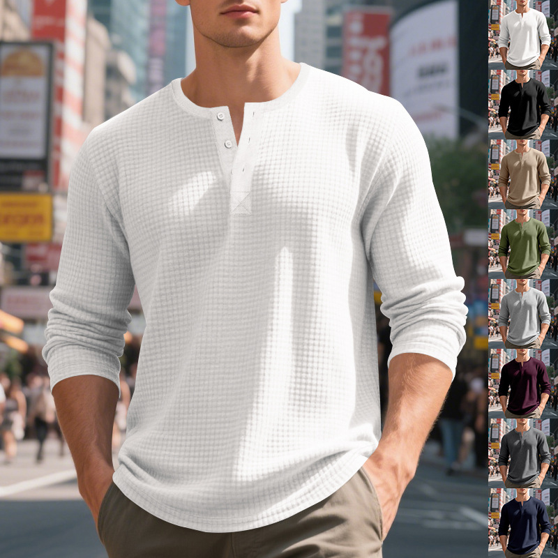 2023秋冬越境小方眼運動修身通気性メンズ長袖tシャツ欧米メンズカジュアルヘンリーシャツ|undefined