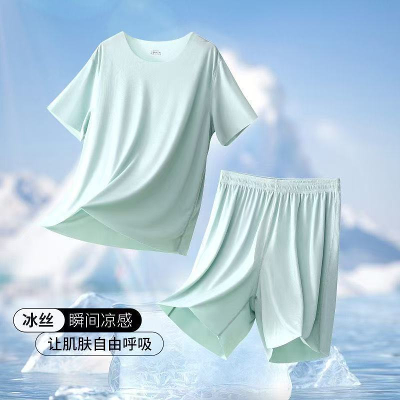 Wholesale ultra-thin ice silk cool feeling summer new leisure home clothes pajamas men's t-shirt short sleeve suit seamless