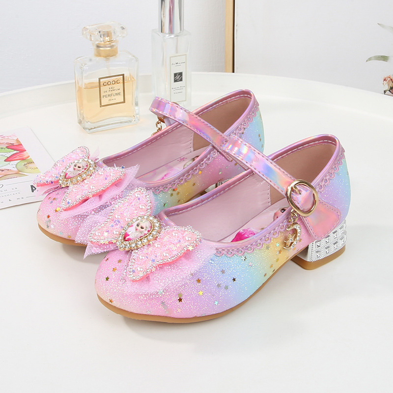 Children's High Heels Aisha Princess Shoes Girls Spring and Autumn New Rainbow Crystal Shoes Small Leather Shoes Little Girl Shoes
