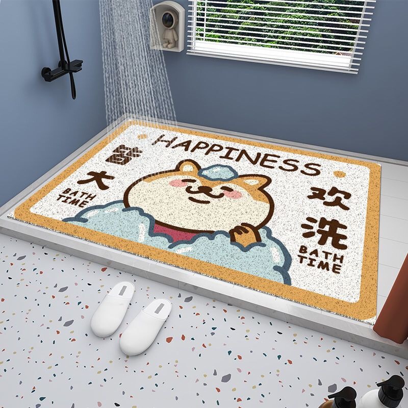 Shiba Inu Happy Wash Series Silk Loop Bathroom Non-Slip Mat, Hollow Design for Bathroom Entrance, Mud-Scraping, Dirt-Resistant, Can Be Cut
