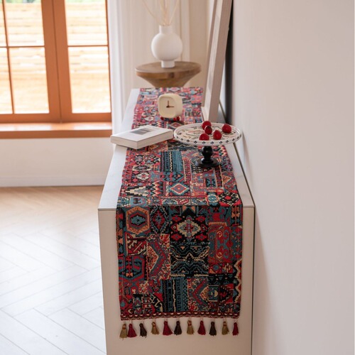 Imanqi Yun Table Banner with Red Holiday Geometric Fringe Brocade Tablecloth, Factory Direct Supply