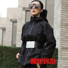 范冰冰同款女式束腰冲锋衣短风衣户外防风加绒连帽外套女时尚工装