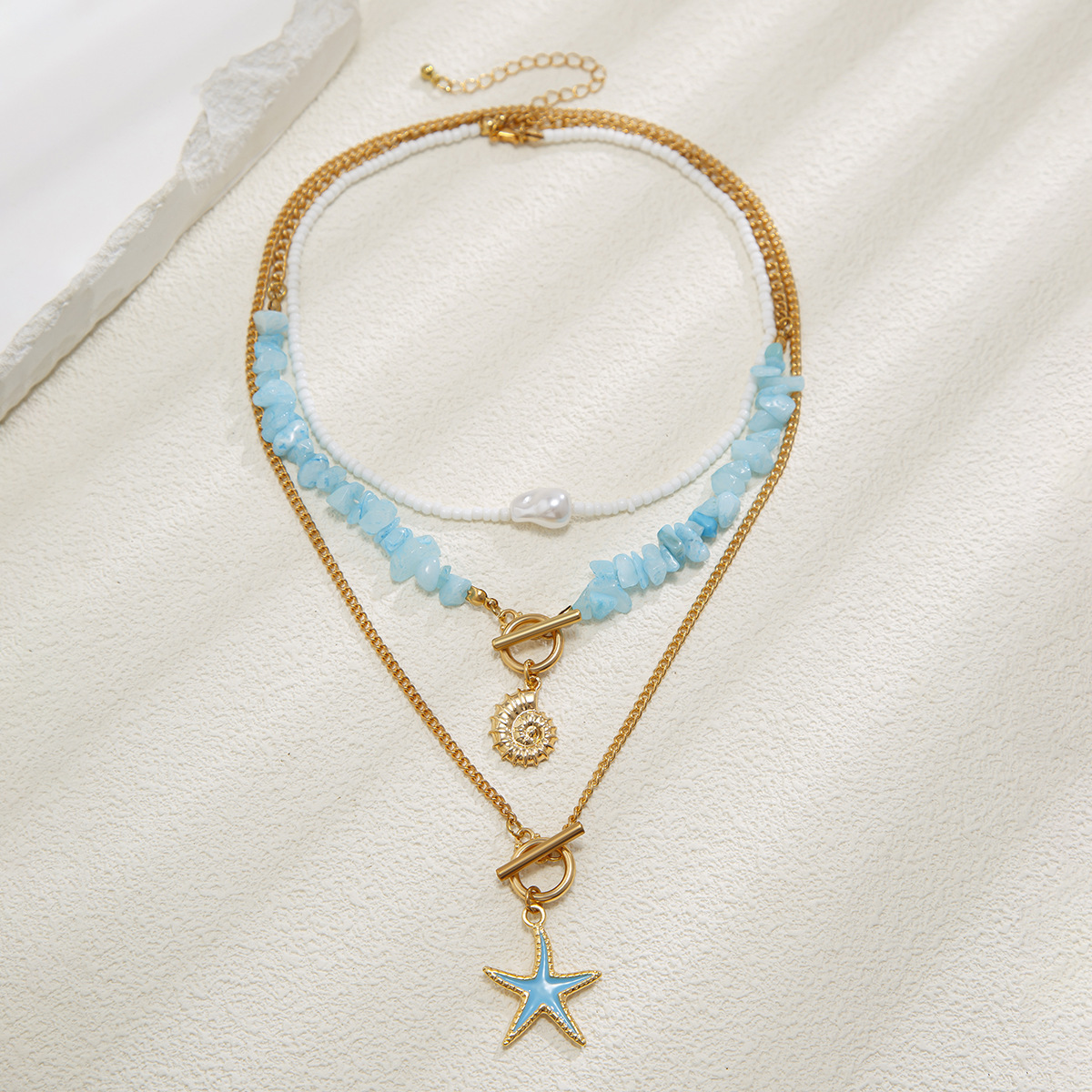Alloy, turquoise, Iron Material Vacation Star Alloy Turquoise Iron Cuban Link Chain Curb Chain Layered Necklaces Wholesale