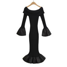 Z跨境欧美风2025新款时尚气质女装批发一字肩修身拼接礼服连衣裙